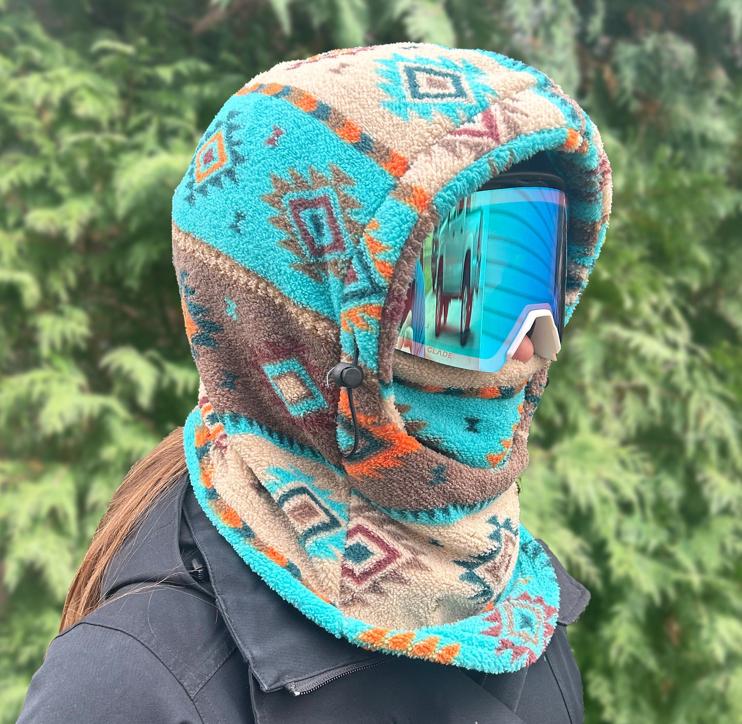 Blue Aztec Sherpa Helmet Hood for Skiing and Snowboarding. Cold Gear Over Helmet Hood