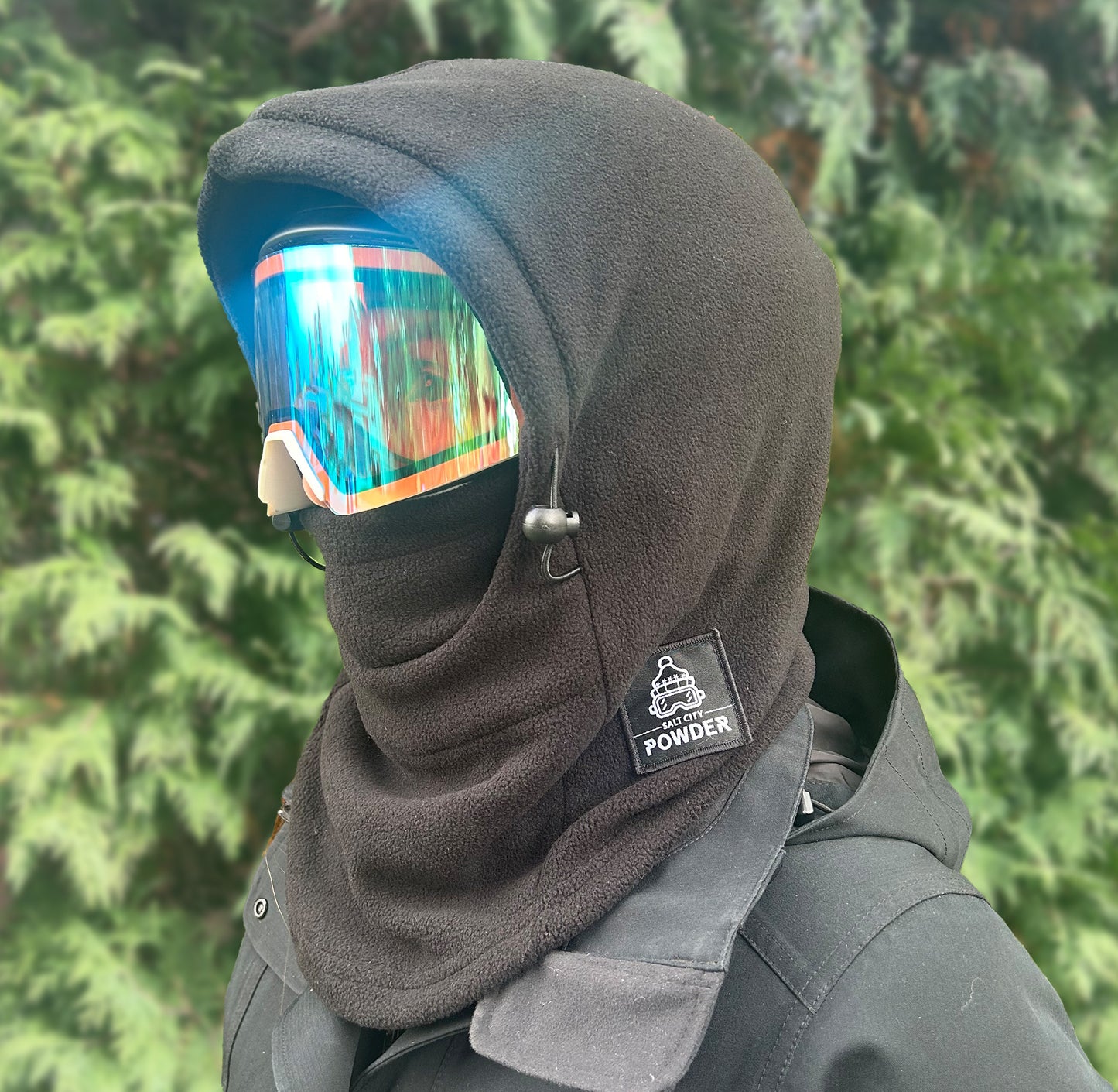 Black Fleece Helmet Hood for Skiing and Snowboarding. Cold Gear Over Helmet Hood
