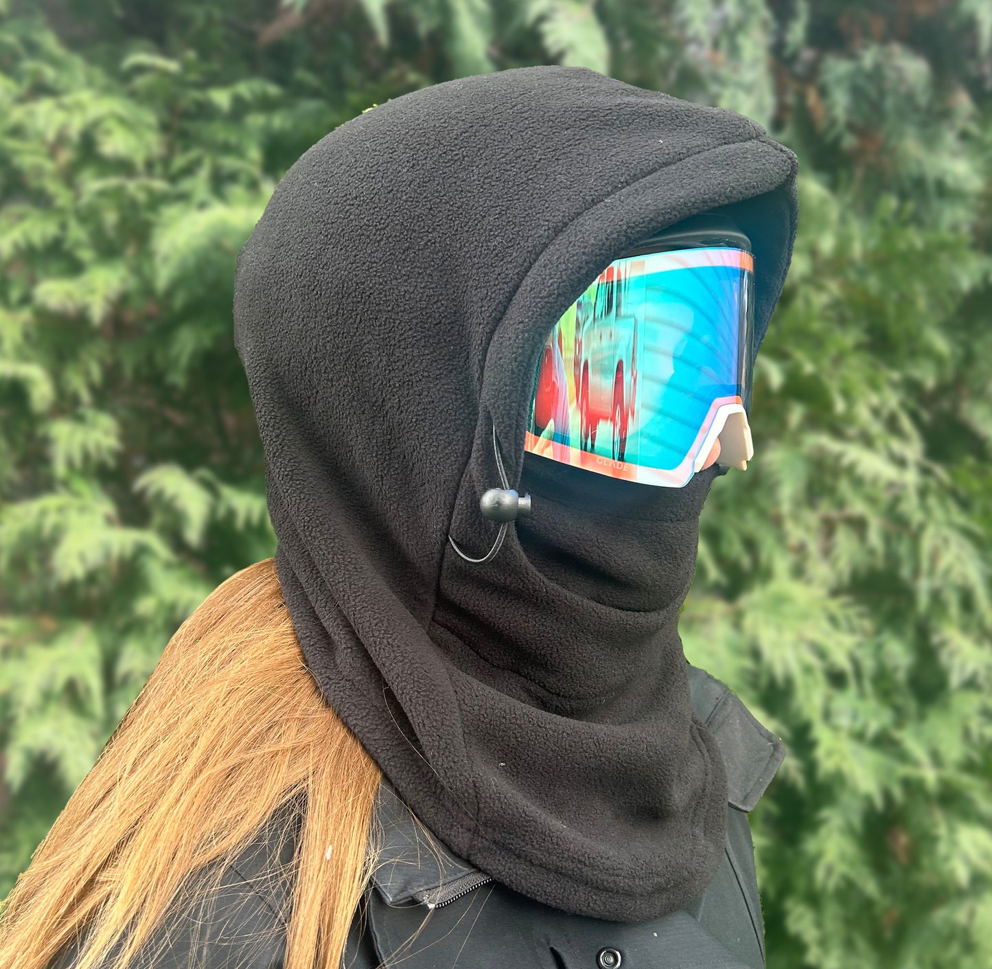 Black Fleece Helmet Hood for Skiing and Snowboarding. Cold Gear Over Helmet Hood