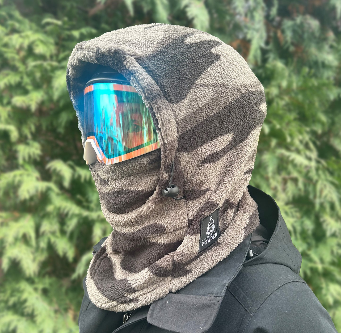 Black Camo Sherpa Helmet Hood for Skiing and Snowboarding. Cold Gear Over Helmet Hood