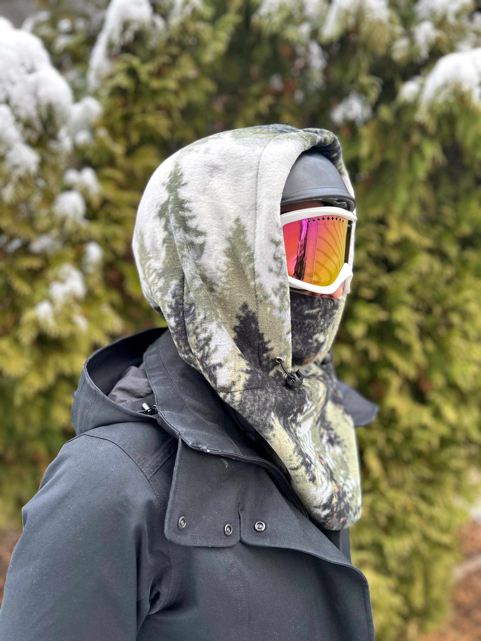 Forest Helmet Hood, Fleece Ski Hood, balaclava, snood, Over Helmet.