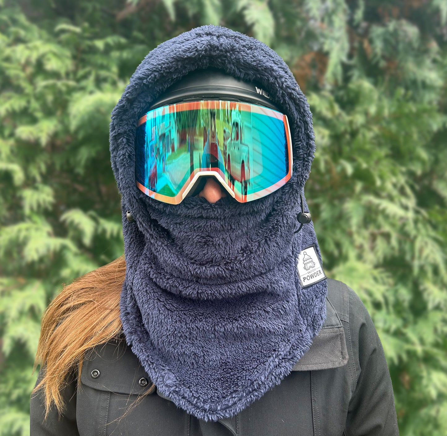 Blue Navy Sherpa Helmet Hood for Skiing and Snowboarding. Cold Gear Over Helmet Hood