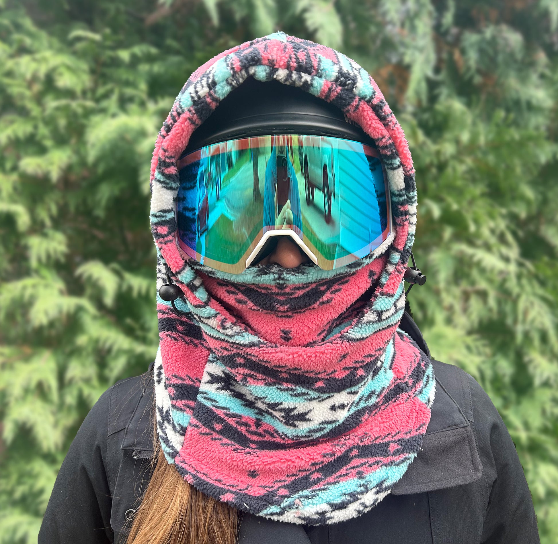 Pink Aztec Sherpa Helmet Hood for Skiing and Snowboarding. Cold Gear Over Helmet Hood