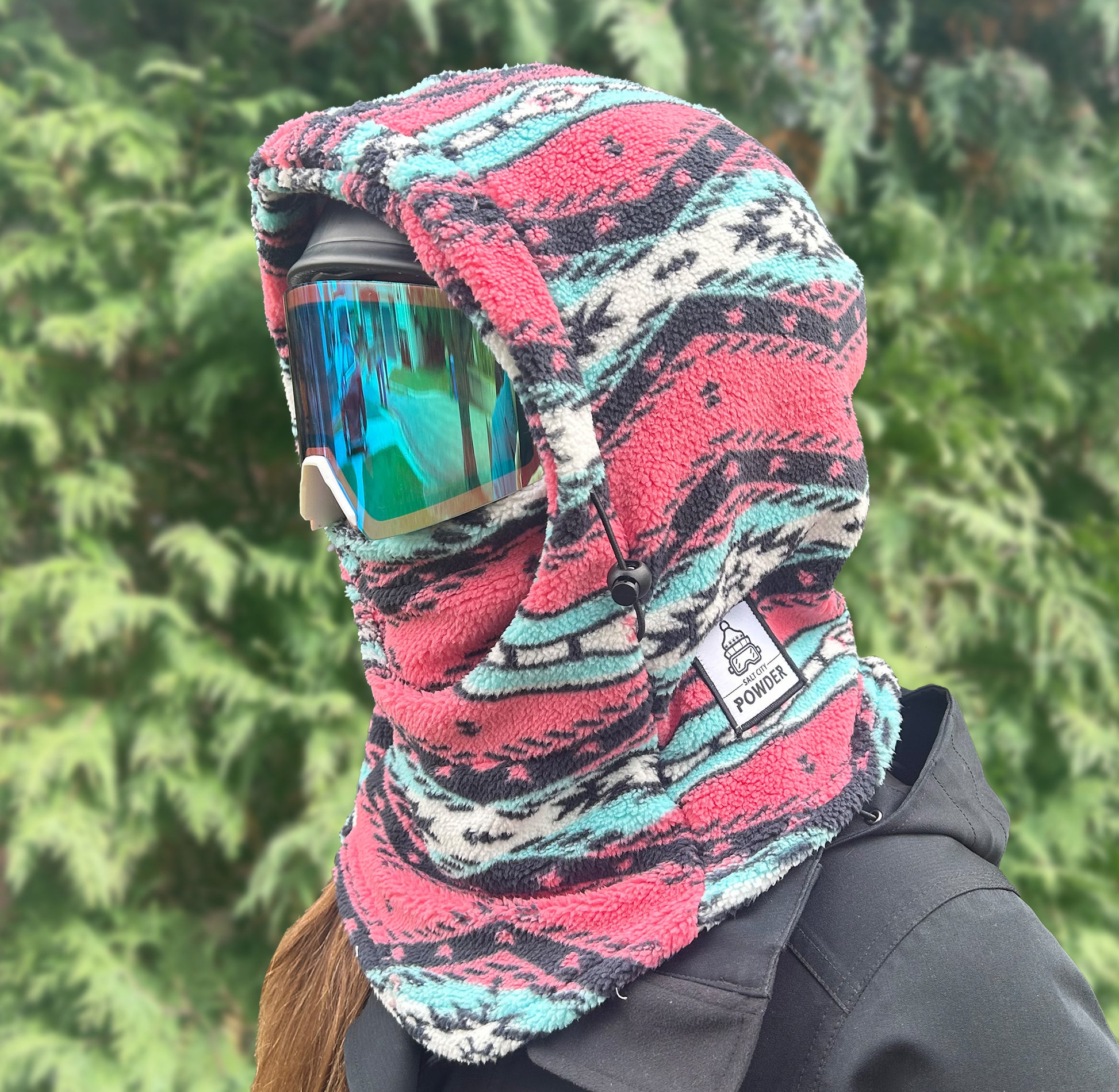 Pink Aztec Sherpa Helmet Hood for Skiing and Snowboarding. Cold Gear Over Helmet Hood