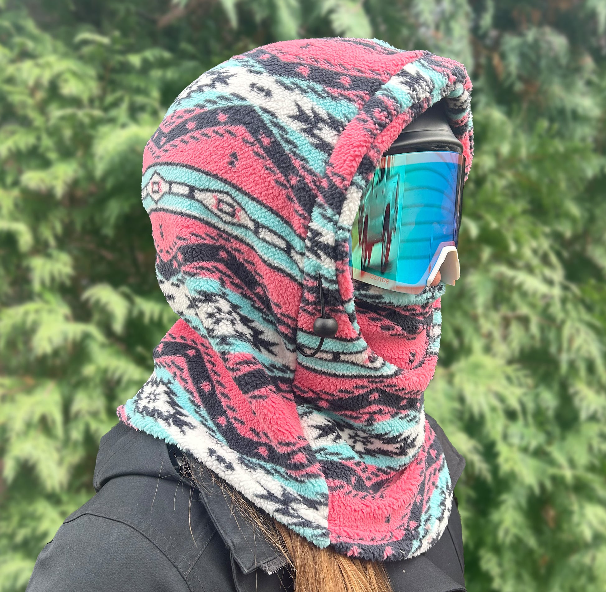 Pink Aztec Sherpa Helmet Hood for Skiing and Snowboarding. Cold Gear Over Helmet Hood