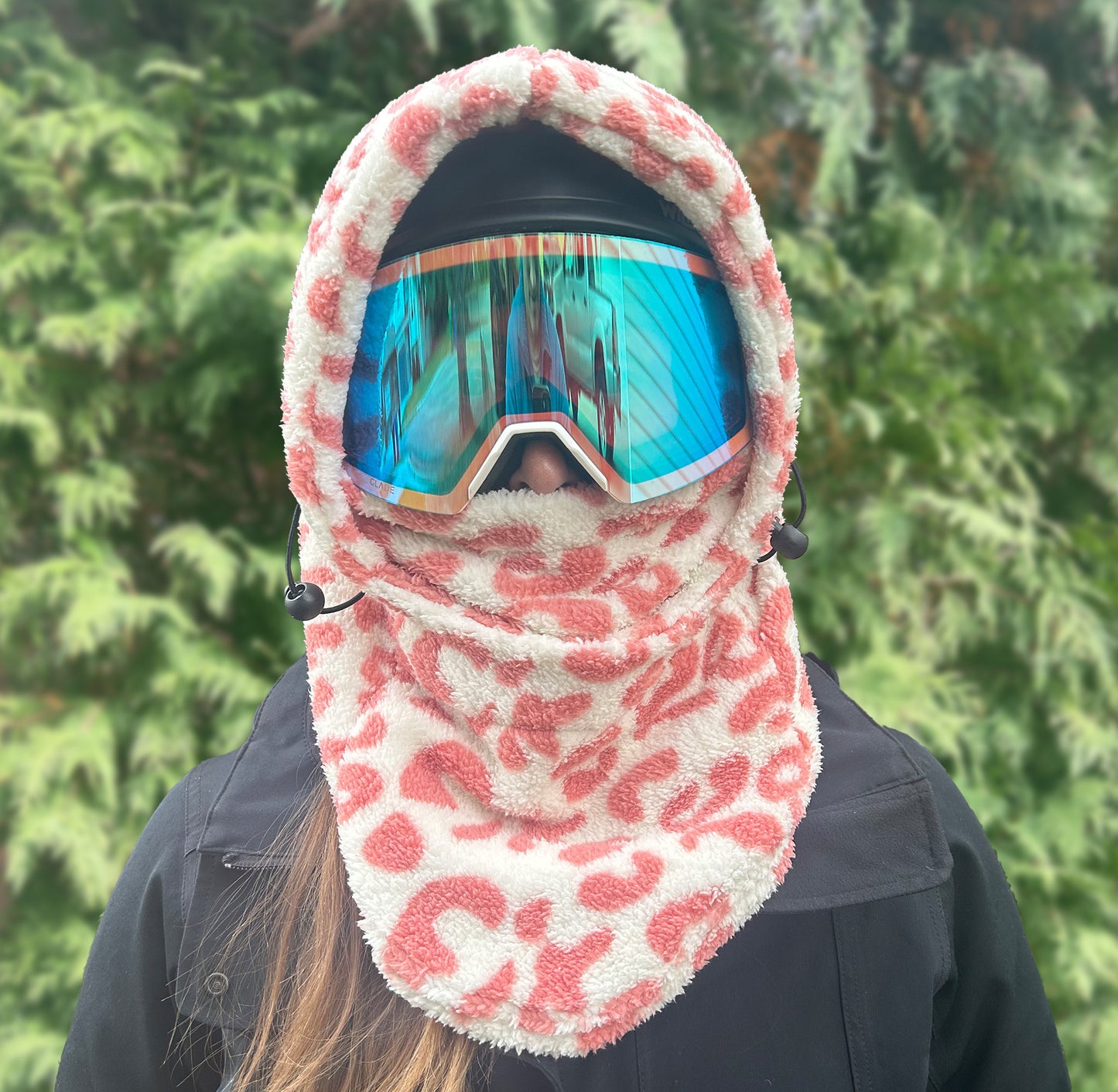 Pink Leopard Sherpa Helmet Hood for Skiing and Snowboarding. Cold Gear Over Helmet Hood