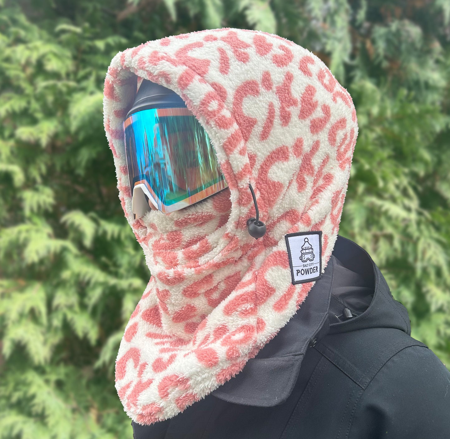 Pink Leopard Sherpa Helmet Hood for Skiing and Snowboarding. Cold Gear Over Helmet Hood