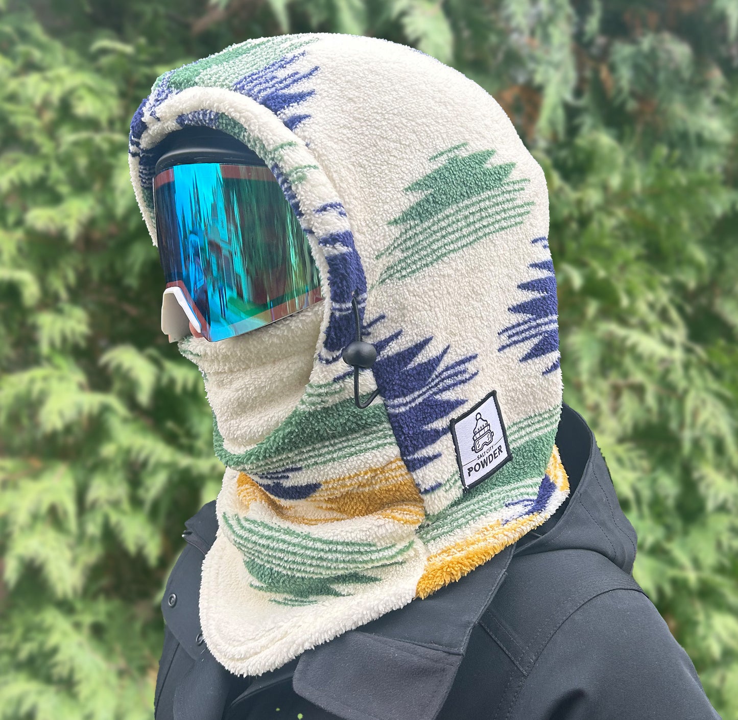 White Aztec Sherpa Helmet Hood for Skiing and Snowboarding. Cold Gear Over Helmet Hood