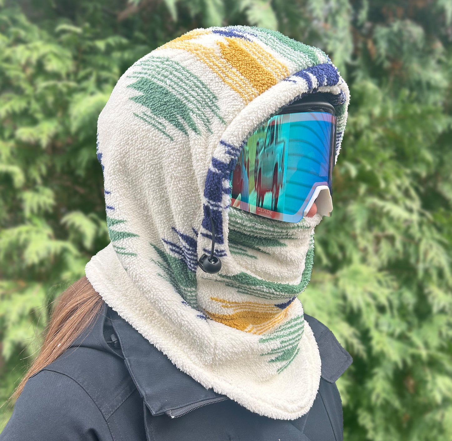 White Aztec Sherpa Helmet Hood for Skiing and Snowboarding. Cold Gear Over Helmet Hood