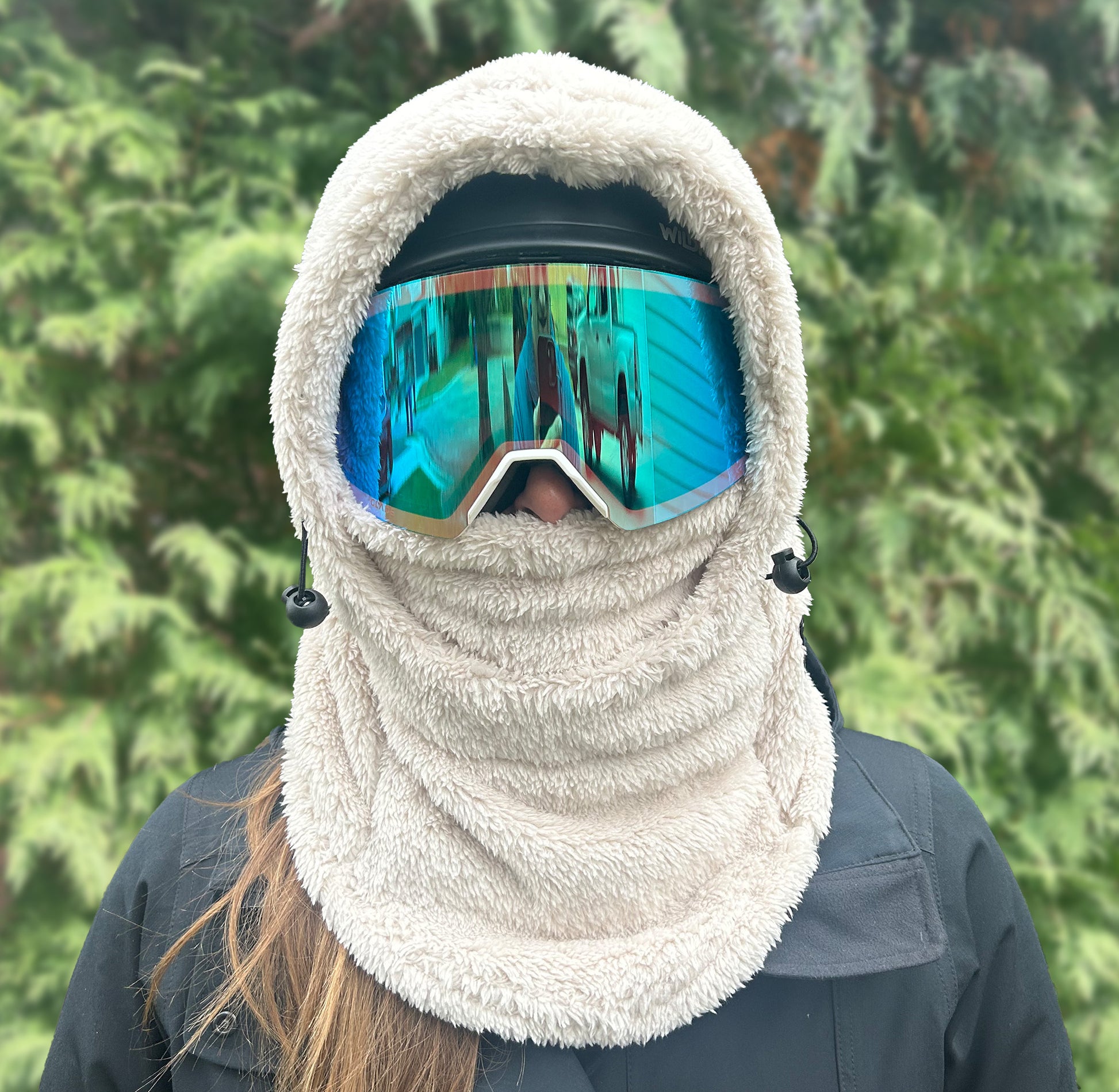 Off-White Sherpa Helmet Hood for Skiing and Snowboarding. Cold Gear Over Helmet Hood