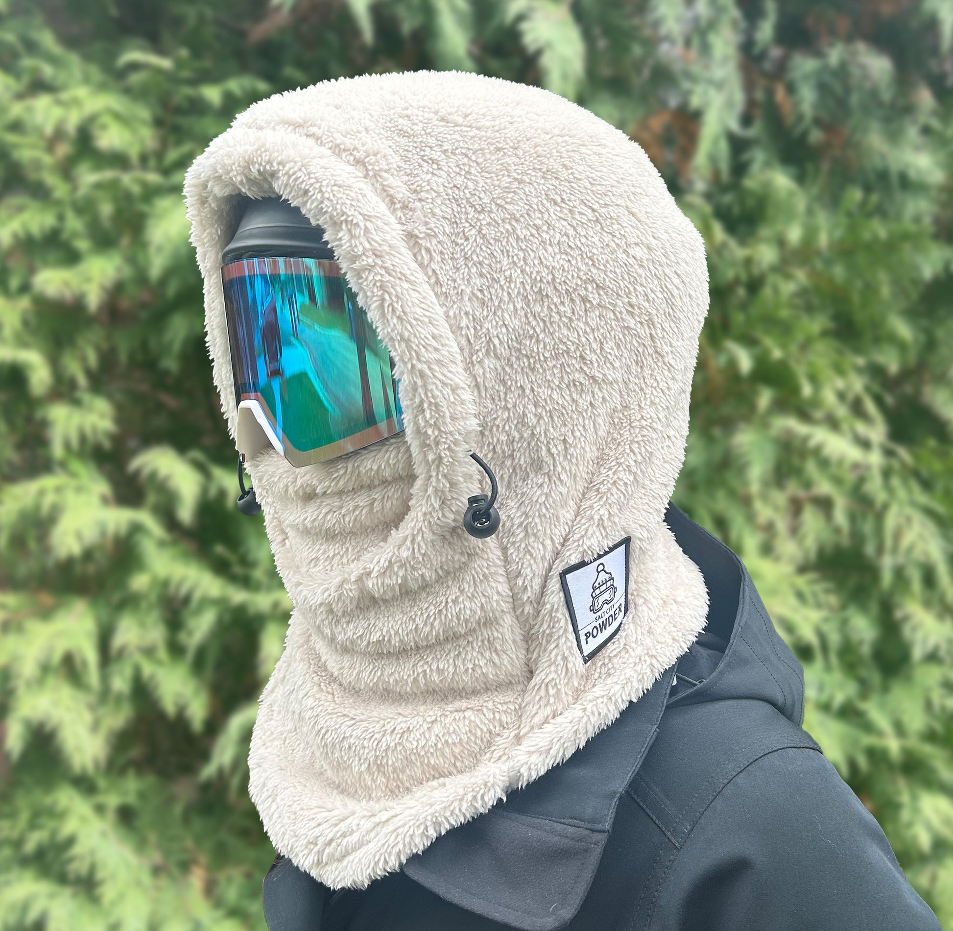 Off-White Sherpa Helmet Hood for Skiing and Snowboarding. Cold Gear Over Helmet Hood