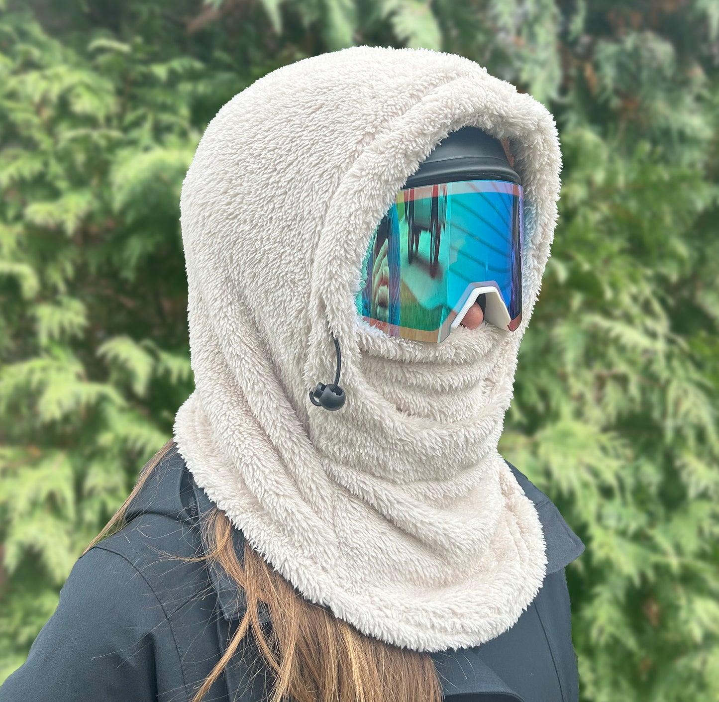 Off-White Sherpa Helmet Hood for Skiing and Snowboarding. Cold Gear Over Helmet Hood