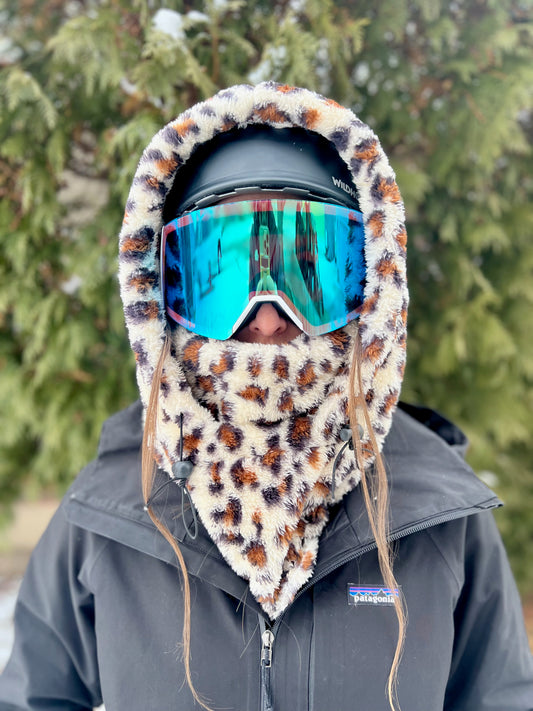 Leopard Helmet Hood, Fleece Ski Hood, balaclava, snood, Over Helmet.