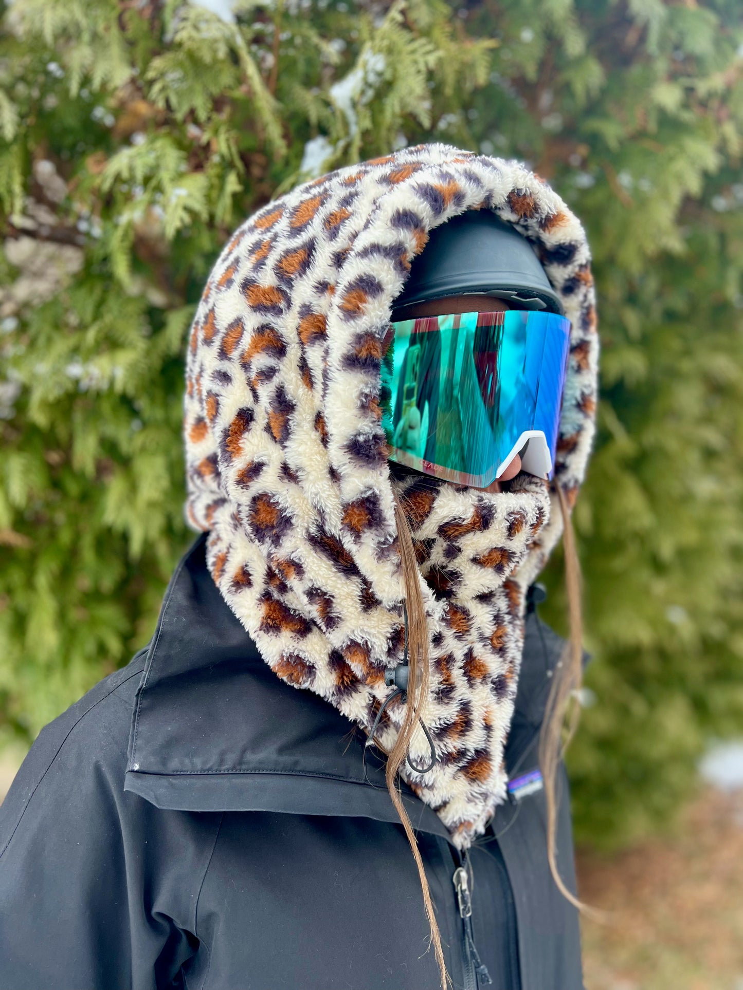 Leopard Helmet Hood, Fleece Ski Hood, balaclava, snood, Over Helmet.