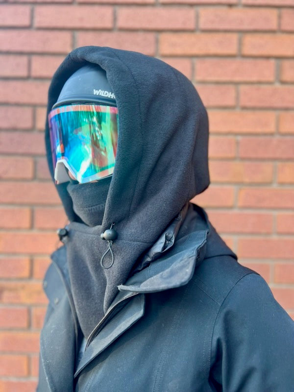Black Fleece Helmet Hood, Fleece Ski Hood, balaclava, snood, Over Helmet.