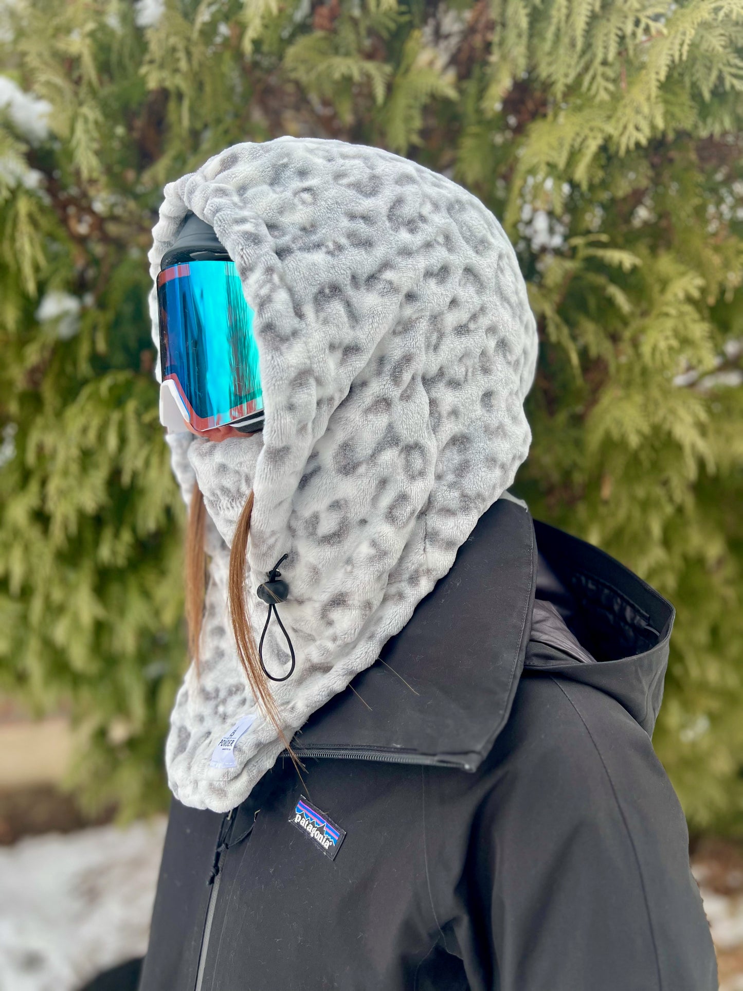 White Leopard Helmet Hood, Fleece Ski Hood, balaclava, snood, Over Helmet.